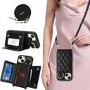 for iPhone 15 Case with Card Holder and Strap for Women,Crossbody Lanyard, Make Up Mirror,Ring Stand,Snap Clasp,Cute Phone Wallet Cases 6.1 inch - Black