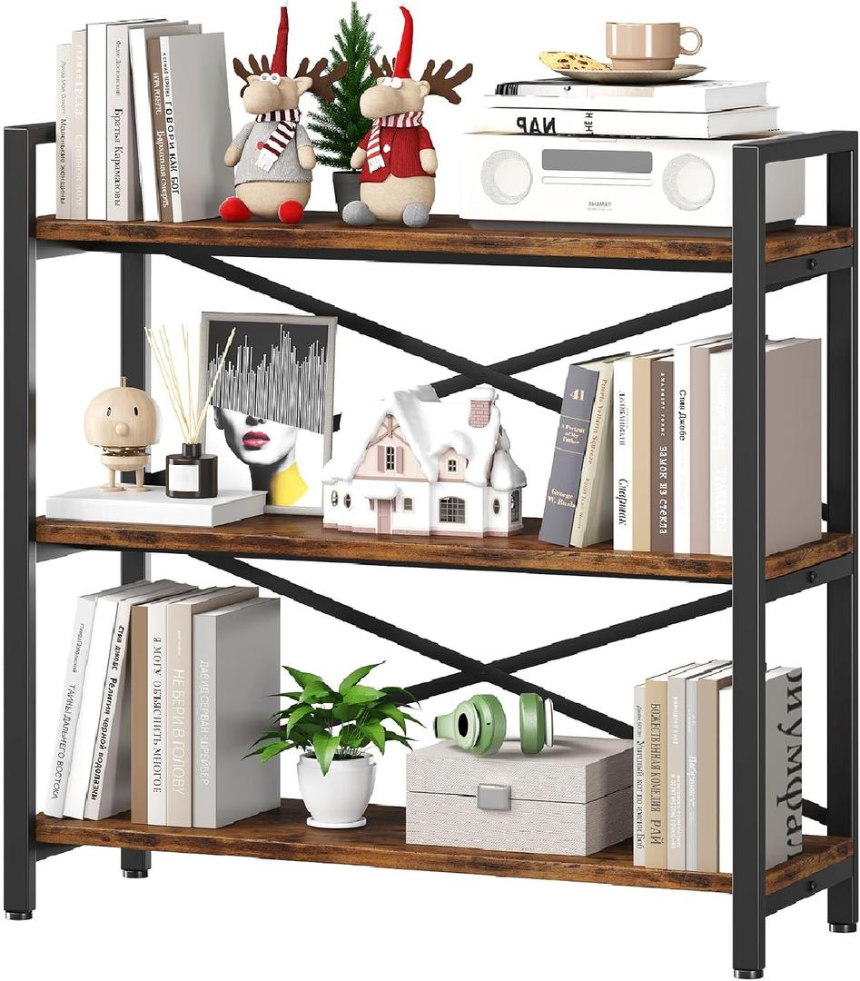 3 Tier Bookshelf 31.49" Width, Wood and Metal Etagere Bookcase, Vintage Farmhouse Modern Wooden Big Book Shelf for Home Living Room Bedroom Office Storage(Rustic Brown)