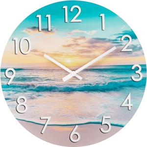 12 Inch Outdoor Clock Waterproof Tempered Glass with Sunset Beach Scene, UV Resistant, Battery Operated, Silent, Coastal Decor for Patio, Pool, Garden, Porch & Bathroom