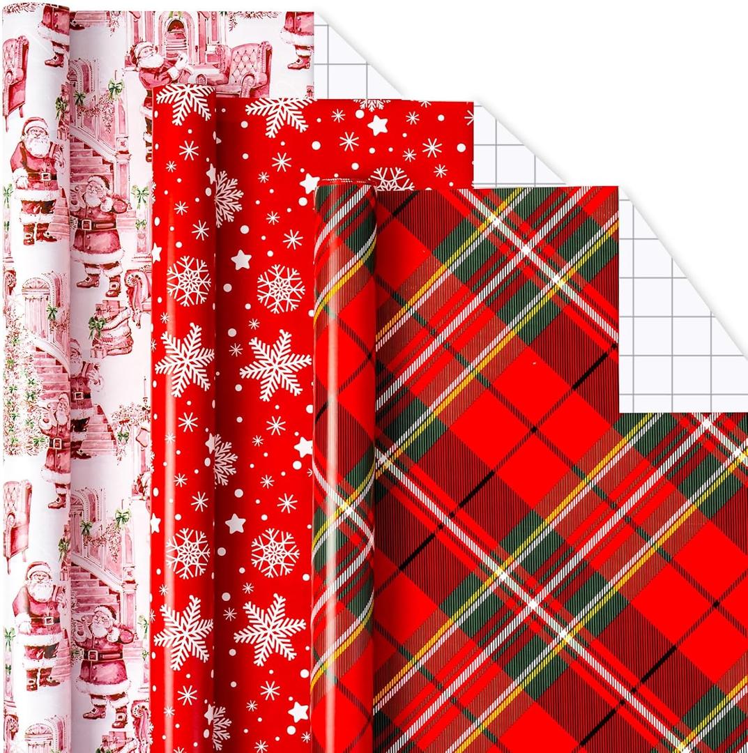 MAYPLUSS Christmas Wrapping Paper Rolls - 17" X 120" Per Roll - Classic Vintage Funky Red Santa Claus, Snowflakes, and Plaid Pattern Christmas Gift Wrap Present Paper for Holiday, Festive Celebrations