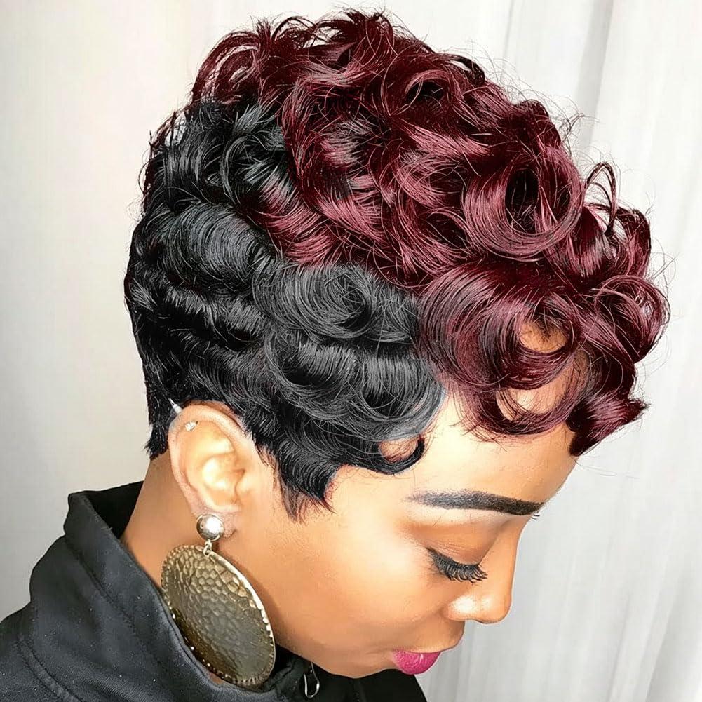 MOONSHOW Short Wigs for Black Women Ombre Wine Red Color Curly Wigs Short Black and Burgundy Pixie Cut Wigs for Black Women 1B/99J Short Layered Hair Pixie Cut Wigs for Women(Ombre Burgundy)