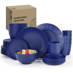 Homienly 40 Pcs Wheat Straw Dinnerware Sets, Dinner Plates, Cups, Pasta Bowls, Dishes Set For 8, Microwave Safe Plates and Bowls Sets, Blue