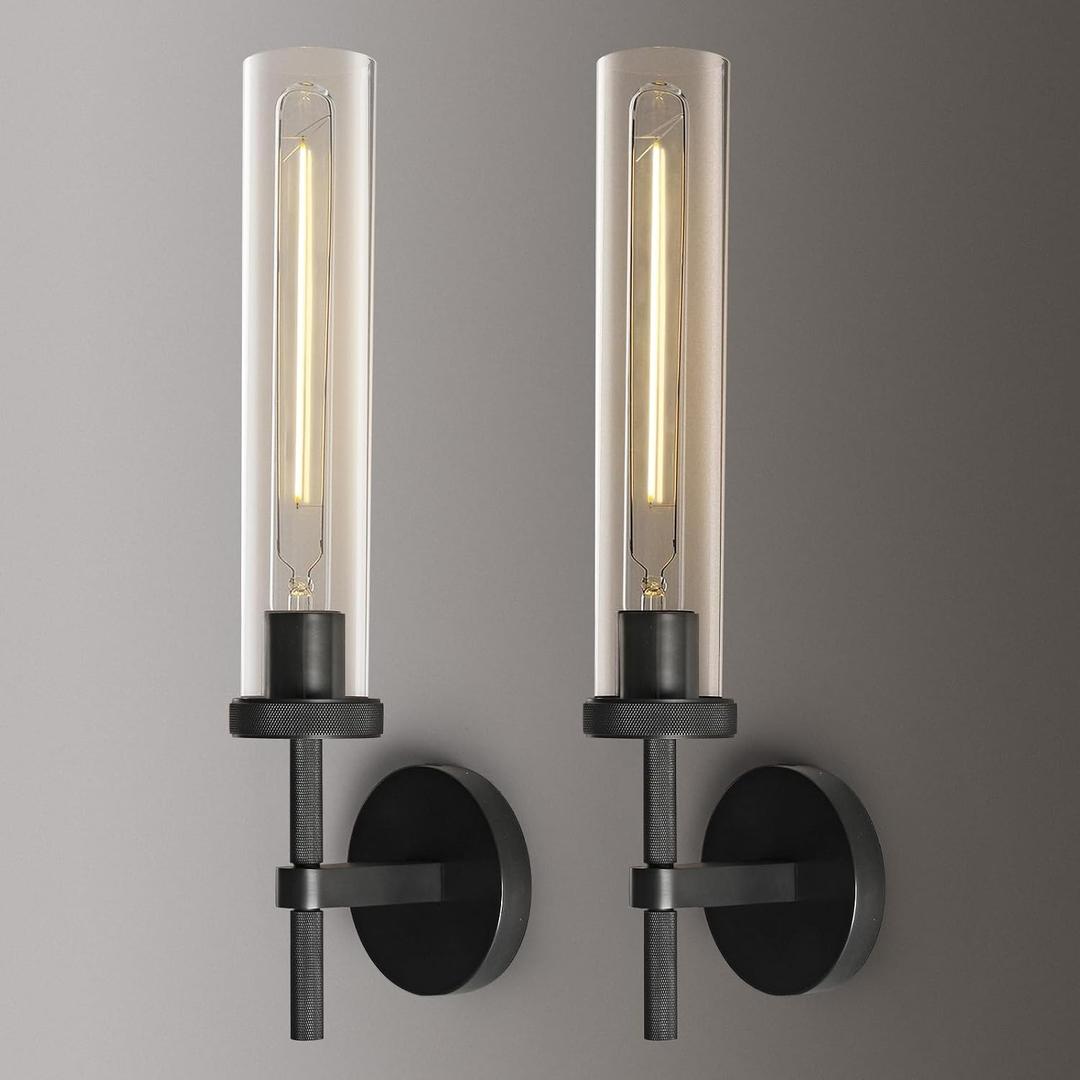 Modern Black Wall Sconces Bathroom Vanity Light Fixtures, Glass Tube Wall Sconces Set of Two, sconces wall lighting indoors, Wall Lights for Mirror, Living Room, Bedroom, Hallway (including bulb) Black, 20in