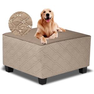 Ottoman Cover Square,Waterproof Square Ottoman Covers Thick Slipcover for Living Room,Washable Storage Footstool Furniture Protector for Dogs,Pets,Light Brown,Medium (M Length&Width:33"-37",Height:14"-20", Light Brwon&khaki)