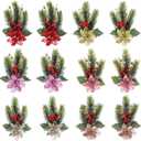 JOFONY 12Pcs Christmas Artificial Poinsettia Flowers,Poinsettia and Holly Berries Silk Flower Artificial Christmas Picks Pine Branches with Red Berry Stems for Home DIY Winter Festive Decor