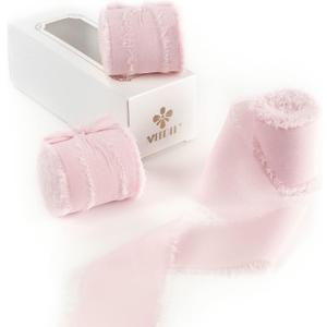 MEEDEE Pink Chiffon 2 Inch Ribbon Fringe Chiffon Ribbon Light Pink Frayed Ribbons for Crafts Silk Chiffon Ribbons for Gift Wrapping Wedding Invitation, Bridal Bouquet (3 Rolls 21 Yards)