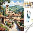 Italian Village Paint by Numbers Kit for Adults - DIY Scenic Village with Tower Painting on Rolled Canvas 16x20 Inches, Acrylic Paint Set for Beginners, Art for Home or Italian-Inspired Gifts