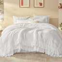 Litanika Queen Comforter Set, 7 Pcs White Ruffle Bed in a Bag | Farmhouse Shabby Chic Soft Fluffy Bedding Set for Women Girls, All Season Bed Set with Comforter, Sheets, Pillowcases & Shams