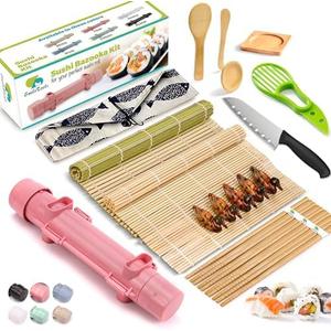 SmileTools Sushi Making Kit For Beginners - 22 Piece DIY Sushi Roller Kit with Bamboo Sushi Rolling Mat, Sushi Bazooka, Chef's Knife, Chopsticks, Holder - Best Starter Sushi Kit (Pink)