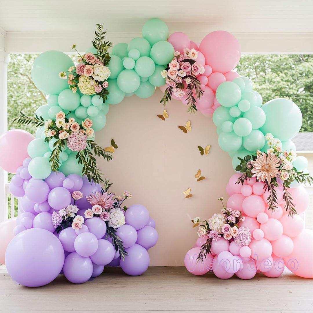 Pink Purple Mint Green Balloon Arch Kit Double Stuffed Pastel Balloons with Gold Butterflies for Baby Shower, Girl Birthday, Butterfly Theme, Baby in Bloom, Spring or Garden Party Decor