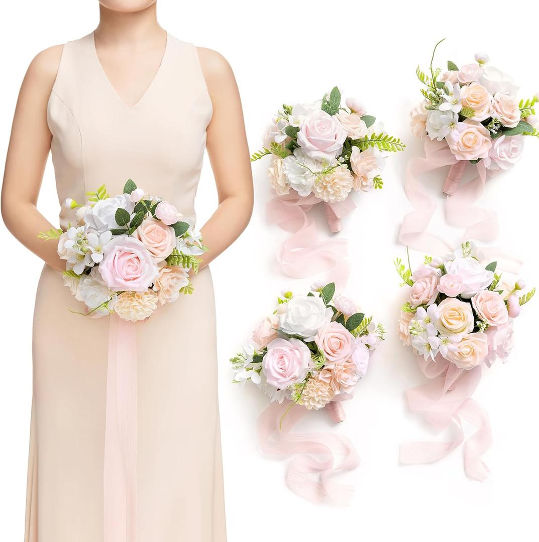 Ling's moment Blush Artificial Bridesmaid Bouquets Set of 4 Pink Wedding Flower Bouquets Cream Floral Bouquet Rose Bridal Bouquets with Ribbon,Ceremony,Anniversary,7-inch Diameter