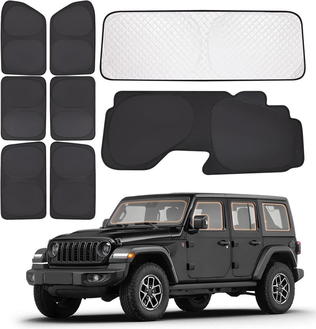 XCBYT 2019-2024 Wrangler Full Coverage Window Shades | 6-Layer Blackout Insulated Sun & UV Protection | Custom Fit Privacy Covers for Camping, Sleeping & Car Living (8 PCS)