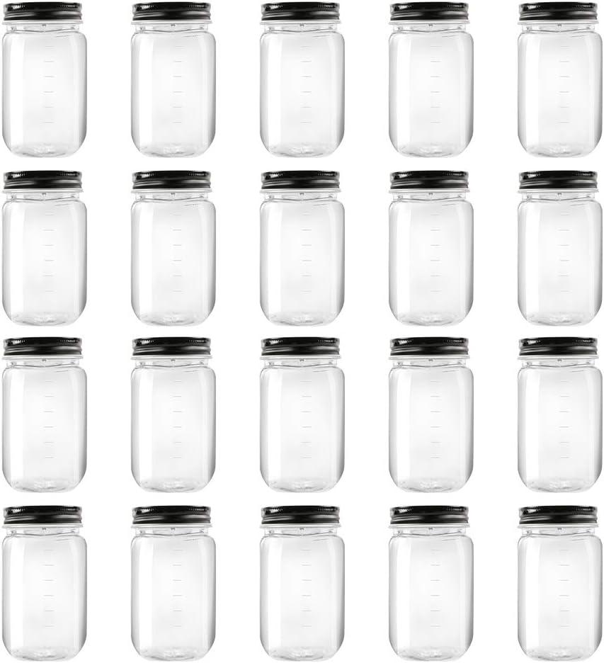 Novelinks 16 Ounce Clear Plastic Jars With Black Lids - Refillable Round Containers for Kitchen & Household Storage - BPA Free (20 Pack)