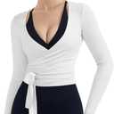 SUUKSESS Women Pilates Wrap Workout Cropped Top Ribbed Long Sleeve V Neck Tie Front Ballet Yoga Shrug Blouse (White, XS)