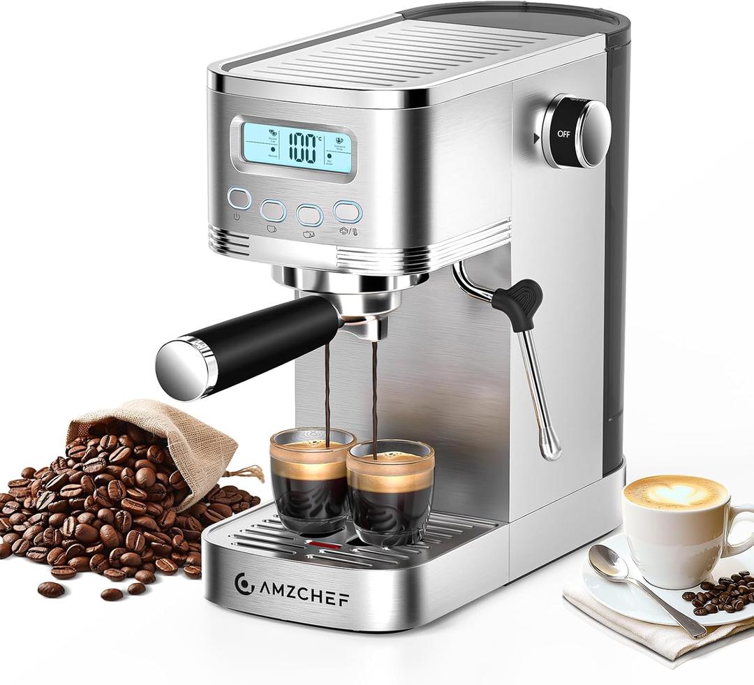 AMZCHEF Espresso Machine with LCD Display, 20 Bar Cappuccino Machines with Milk Frother for Home Gifts, Latte Coffee Maker with Dual Wall & Filters, Stainless Steel Style, Silver