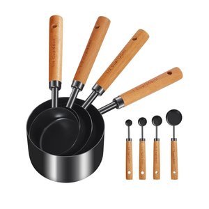 GuDoQi 8pcs Measuring Cups and Spoons Set Wood Handle Golden Stainless Steel Measuring Cups and Spoons，Measurements, US Measurements Dry & Liquid Kitchen Measure Set for Cooking and Baking, Black