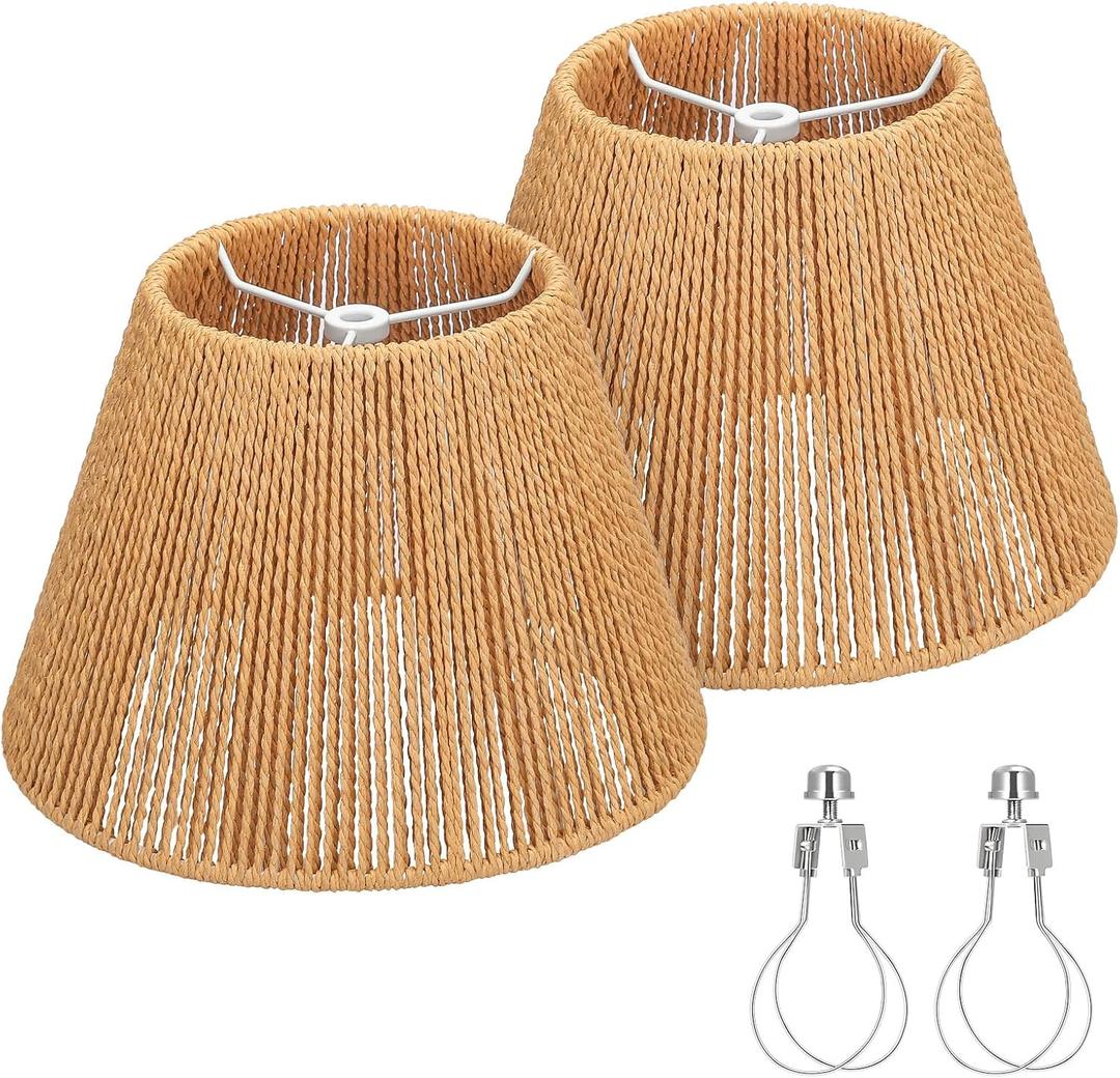 Small Rattan Lamp Shades Set of 2, Boho Lamp Shades for Table Lamps, 5.5" Top x 10" Bottom x 6.6" High, Wicker Lampshade Replacement for Bedroom, Hand Woven, Spider, Bulb Clip Adapters Included