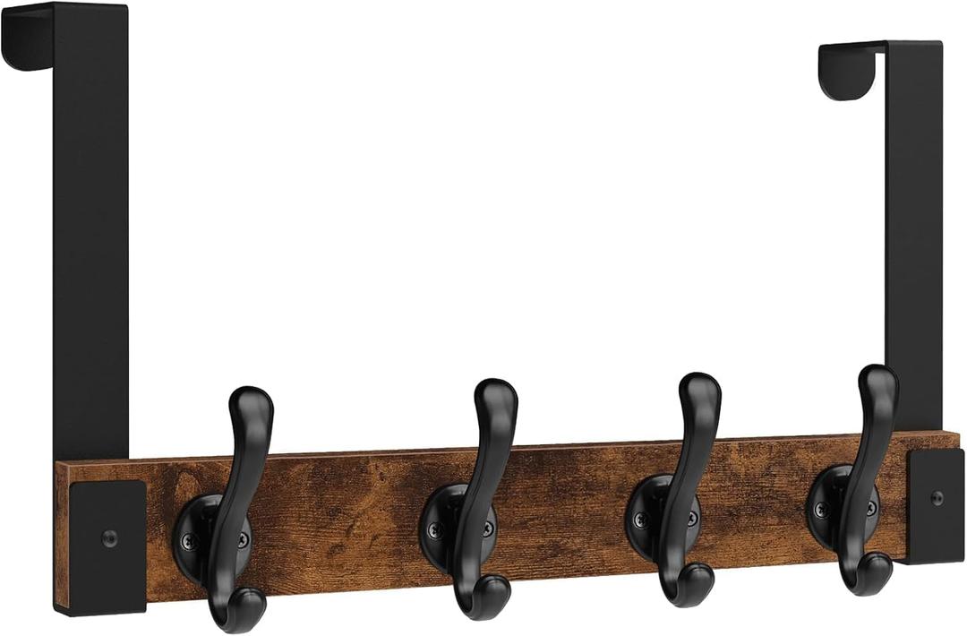 Homode Over The Door Hooks Heavy Duty, Wood Over Door Hanger Hook with Coat Hooks for Hanging Towels, Clothes, Hats, Bags - Rustic Brown Black
