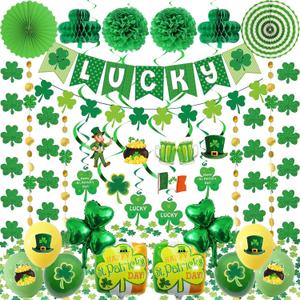 103 PCS St. Patricks Day Decorations Kit Party Supplies Set, Shamrock Hanging Swirl, Lucky Banner, Clover Garland, Balloons & Table Confetti for Irish St Patricks Day Home Party Decor (Green)