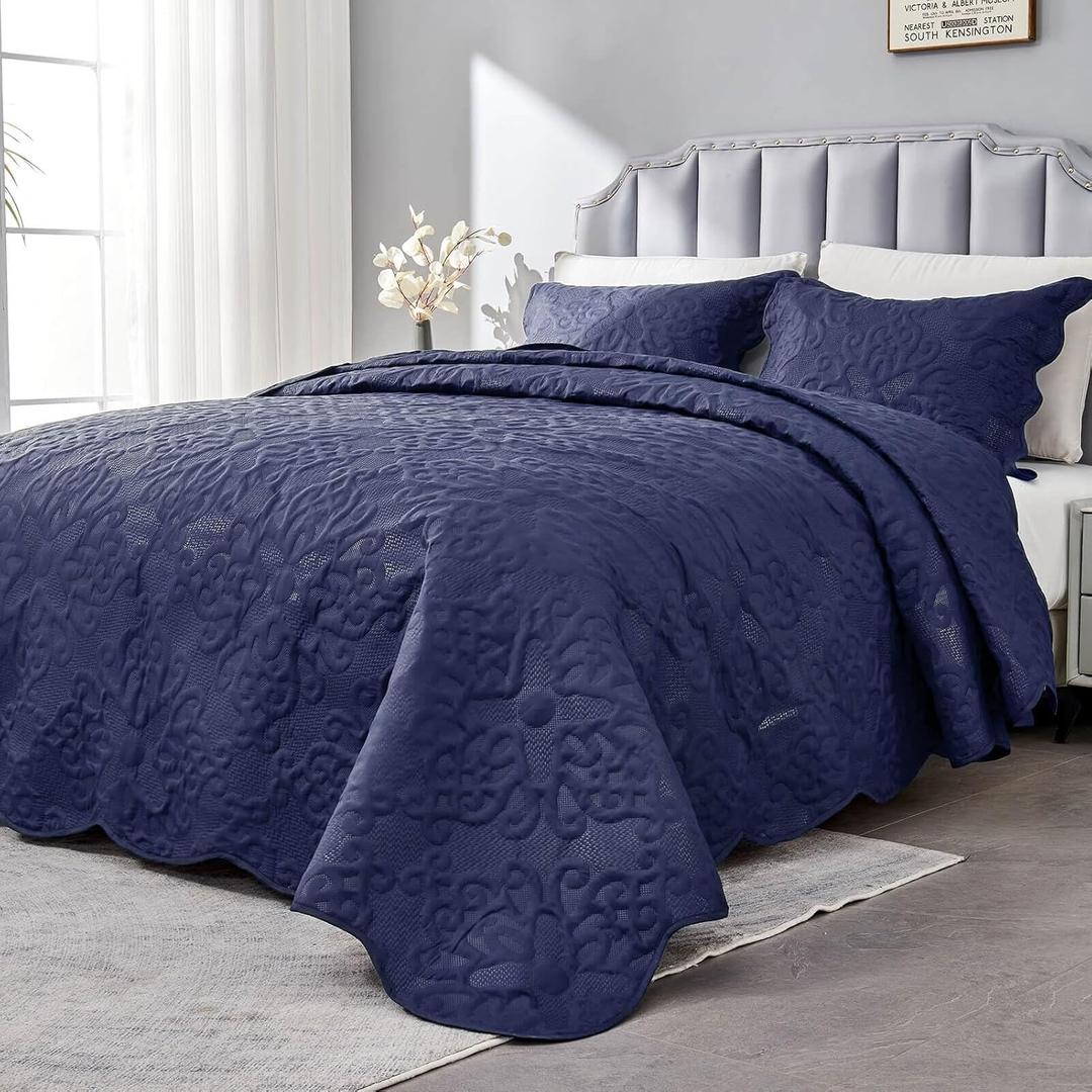 Oversized King Bedspreads 128x120 Extra Wide Quilt for Tall King California King Bed Lightweight 3 Piece Quilted Coverlet Pillow Shams Set Navy