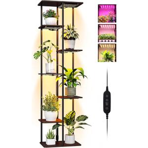 Indoor Plant Stand with Grow Lights, 7 Tier Corner Wooden Tall Stand for Indoor Plants with 50W(5x10W) LED Grow Light Panel, Full Spectrum Dimmable Light with Timer for Garden, Living Room