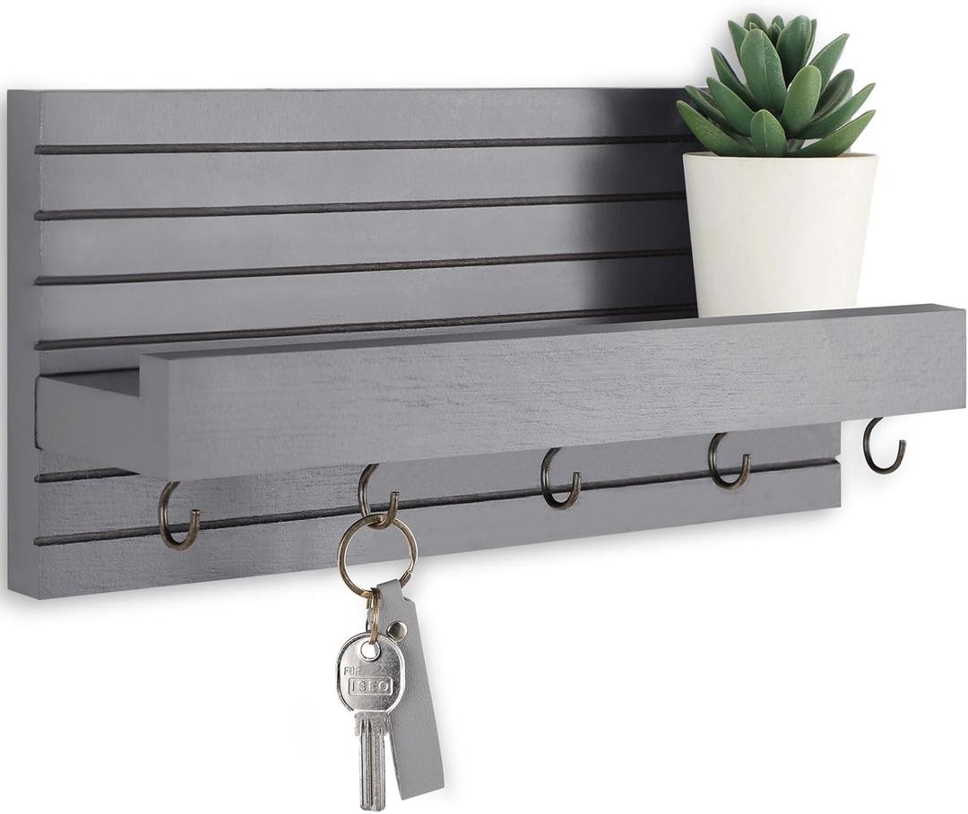 Lwenki Decorative Key Holder for Wall with Shelf, Entryway Shelf with Hooks Holds Leashes, Jackets and Glasses Sturdy Wood Keyholder Entrance Hanger with Mounting Hardware (Gray, Medium)
