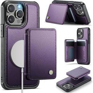 Compatible with Magsafe for iPhone 15 Pro Max Wallet Case Magnetic Card Holder, RFID Blocking 2 in 1 Detachable Kickstand Shockproof Case for Women Men, Purple