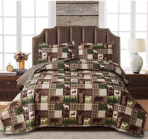 Oliven Reversible Lodge Plaid Bedding Moose Bear Quilt Full/Queen Size Rustic Bedspread Cabin Coverlet Wildlife Forest Daybed Cover Summer Lightweight Bed Cover Pillow Shams