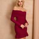 XinFSh Women's Sexy Off The Shoulder Bodycon Mini Dress Fall Long Sleeve Ruffle Ruched Short Party Club Dresses Wine (L)