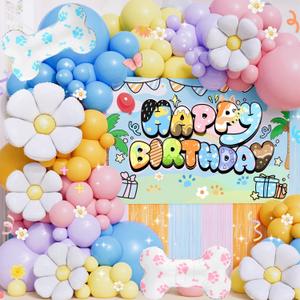 Blue Dog Birthday Party Decorations for Girls & Boys - Cartoon Theme Balloon Arch Kit with Backdrop, Fringe Curtains & Bone Foil Balloons - Easy Setup Party Supplies for 1st 2nd 3rd Bday