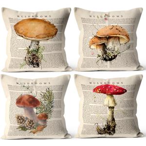 Vintage Decor Mushroom Throw Pillow Covers for Home Farmhouse, 18 x 18 Inch Spring Summer Cushion Case Decoration for Sofa Couch Set of 4