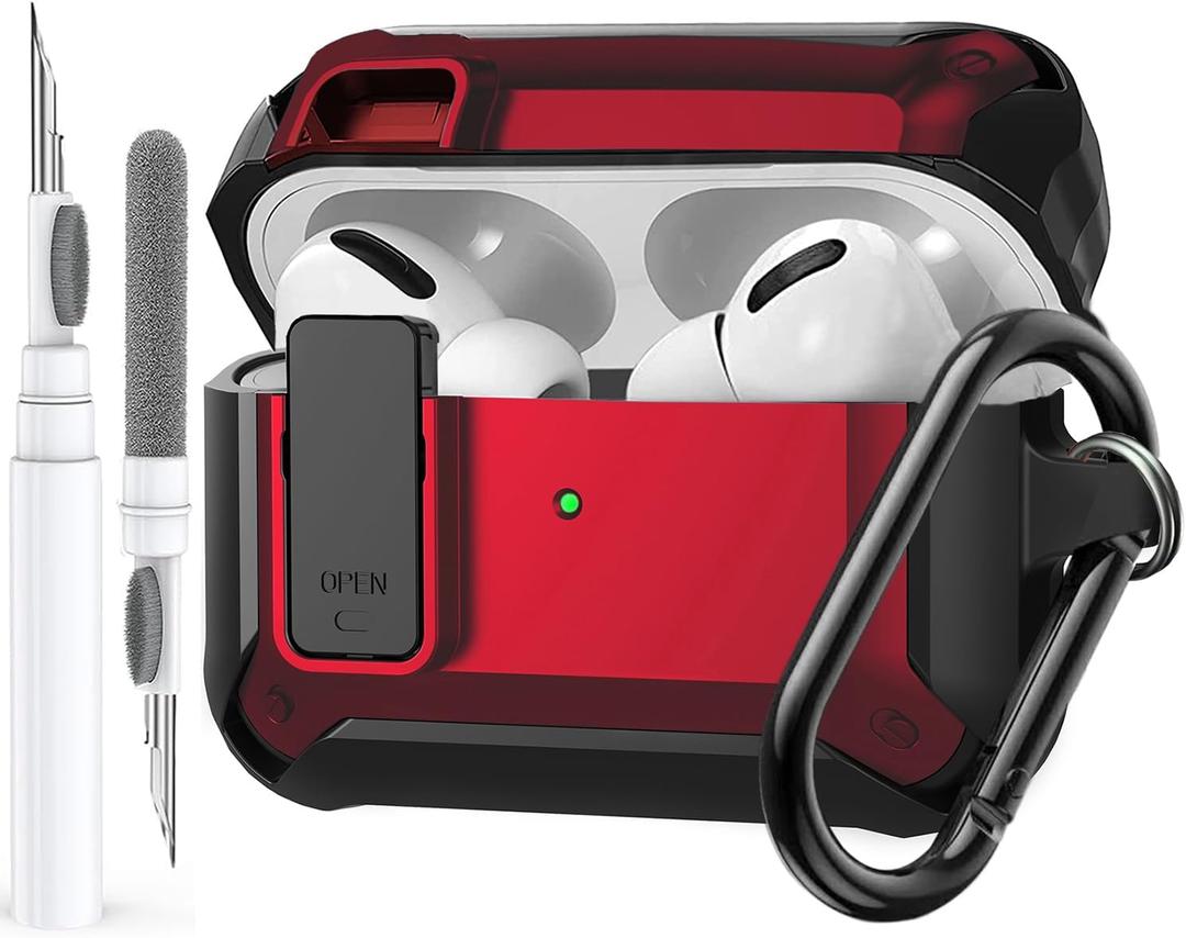 for Airpods Pro 3 Case with Lock Clip, Rugged Apple Airpods Pro 3rd Generation Cover 2025 Men Women, Armor Shockproof iPod Pro3 Gen Protective Hard Shell with Carabiner&Cleaner kit, Black/Red