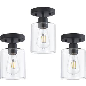 Black 1-Light Semi Flush Mount Ceiling Light, Rustic Kitchen Lighting Fixtures Ceiling, Classic Ceiling Light Fixtures, Cieling Light with Glass Shade for Hallway Foyer Farmhouse Bedroom 3 Pack