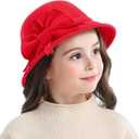 Bienvenu Kids Girls Winter Warm 100% Wool Bucket Hats Fedoras with Bowknot (One Size, Red)