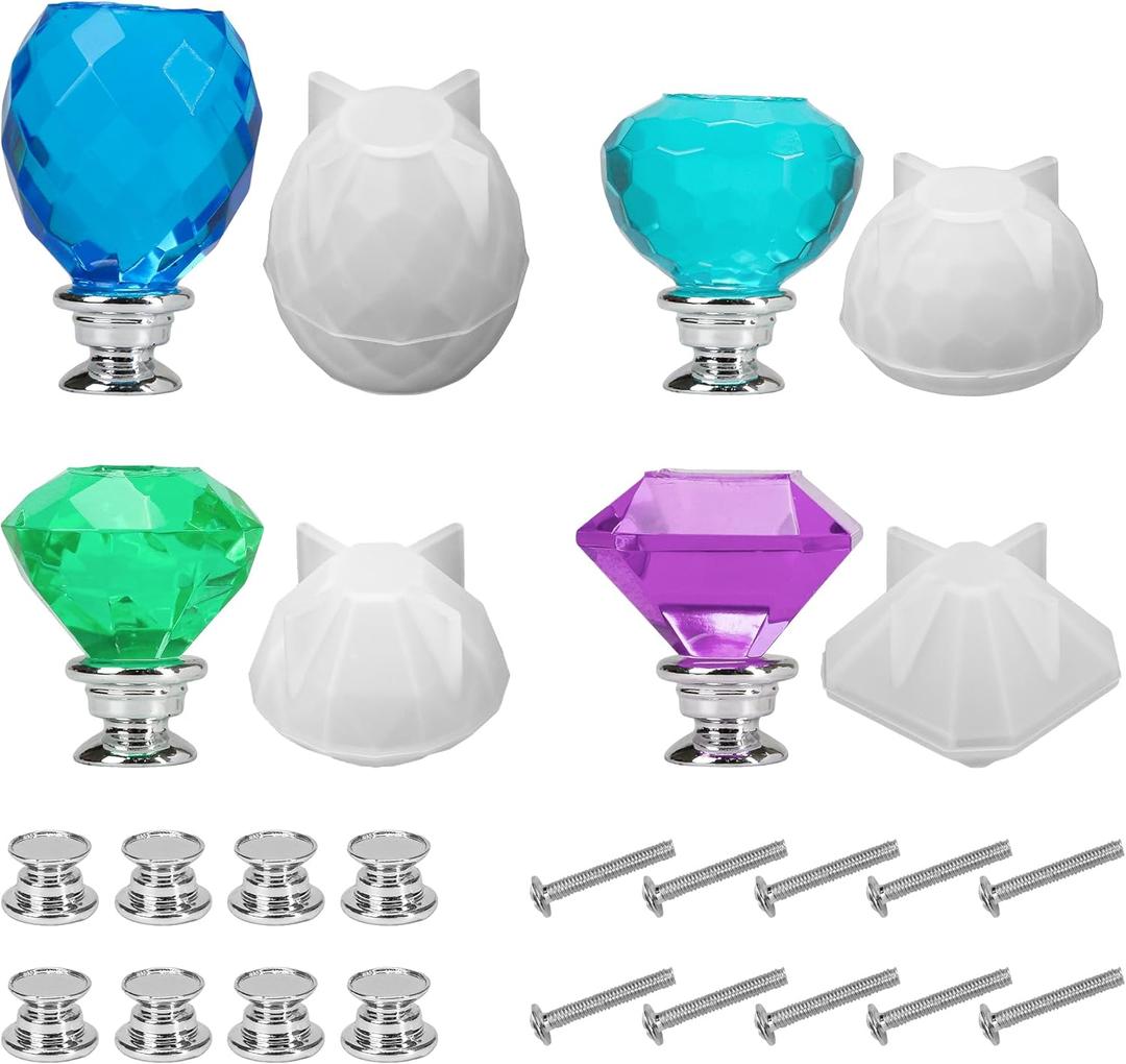 4pcs Door Knob Molds for Epoxy Resin, DIY Crystal Silicone Casting Kit, Polygonal Cabinet Drawer Handle Moulds with Screws, Handmade 3D Pulls for Kitchen Dresser Wardrobe Bathroom Home Decor Hardware
