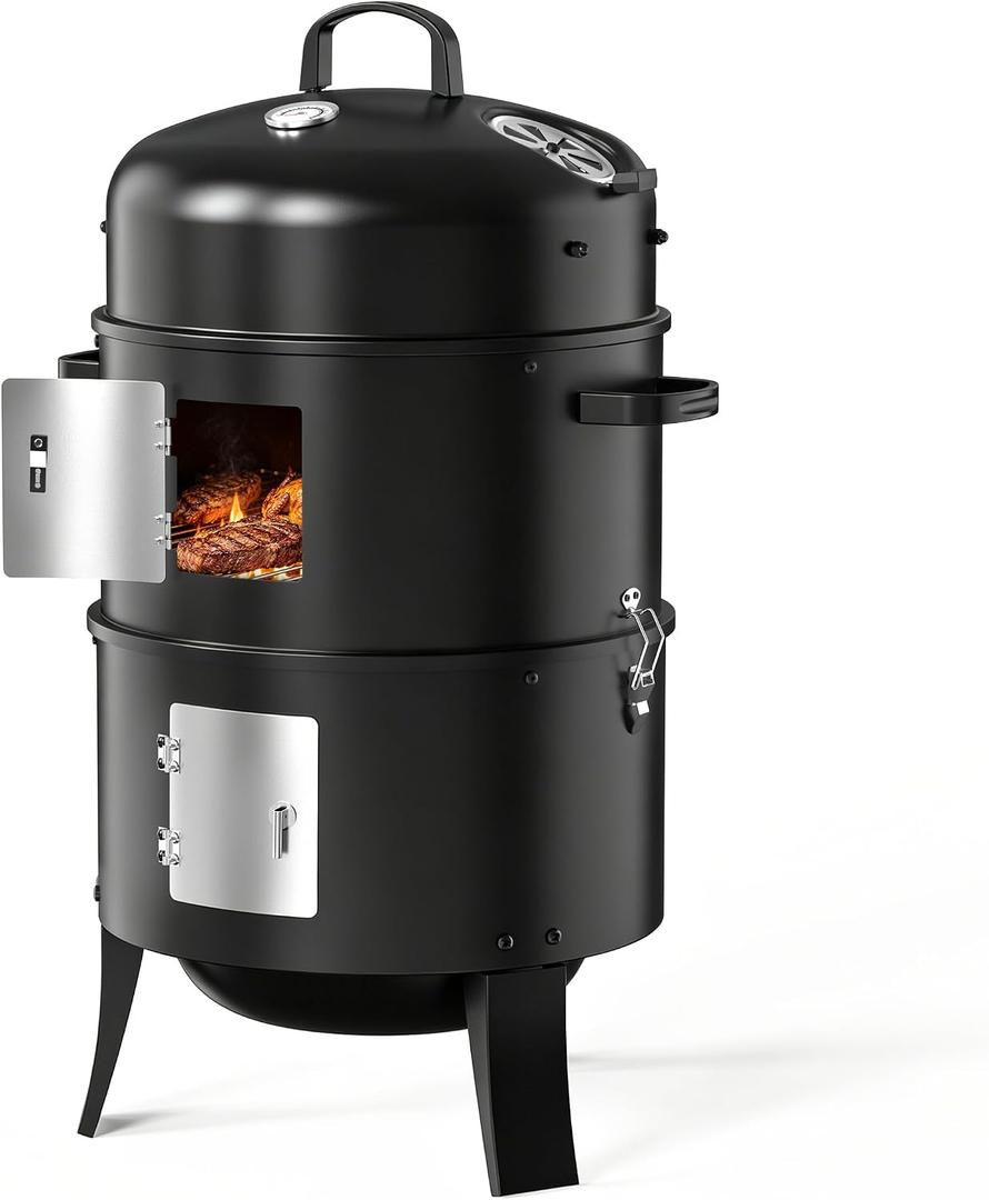 Charcoal Smoker, 3 in 1 Heavy Duty Vertical Barbecue Grill, Adjustable Air Vent, Outdoor Smoker for Backyard, Barbecues, Camping, 18" Black