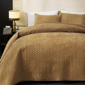 Powdion Velvet Quilt King Size, Oversized Bedspread Quilted Bedding Set, Luxurious Soft Coverlet Set Lightweight Velvet Comforter with Pillow Shams, Gold Caramel, Cross Stitch Striped Quilt Set (King(106"x96"))