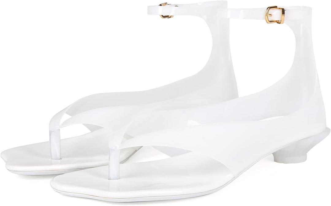 Womens Flip Flop Kitten Heels Jelly Thong Heeled Sandals with Clear Strap, Transparent Low Heel Mules, Stylish Thong Kitten Heels for Summer, Casual Dress Sandals (White), Size 9.5