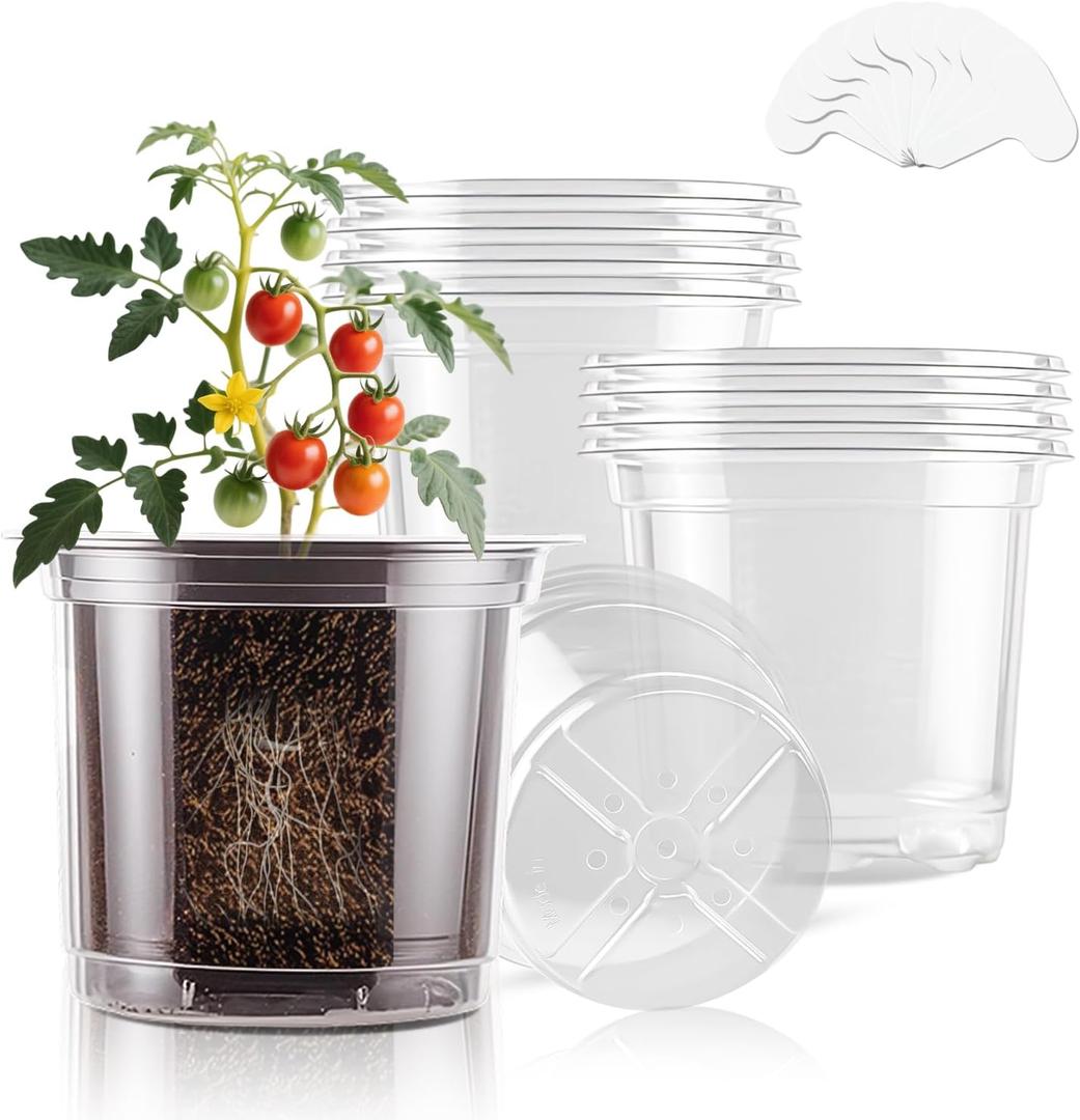 SupKing 5 Inch Clear Plant Nursery Pots Durable Plastic Seed Starter 8 Packs Large Orchid Flower Pot with Drainage Holes for Transplanting Succulents Cuttings Seedlings Bonus 15 Labels