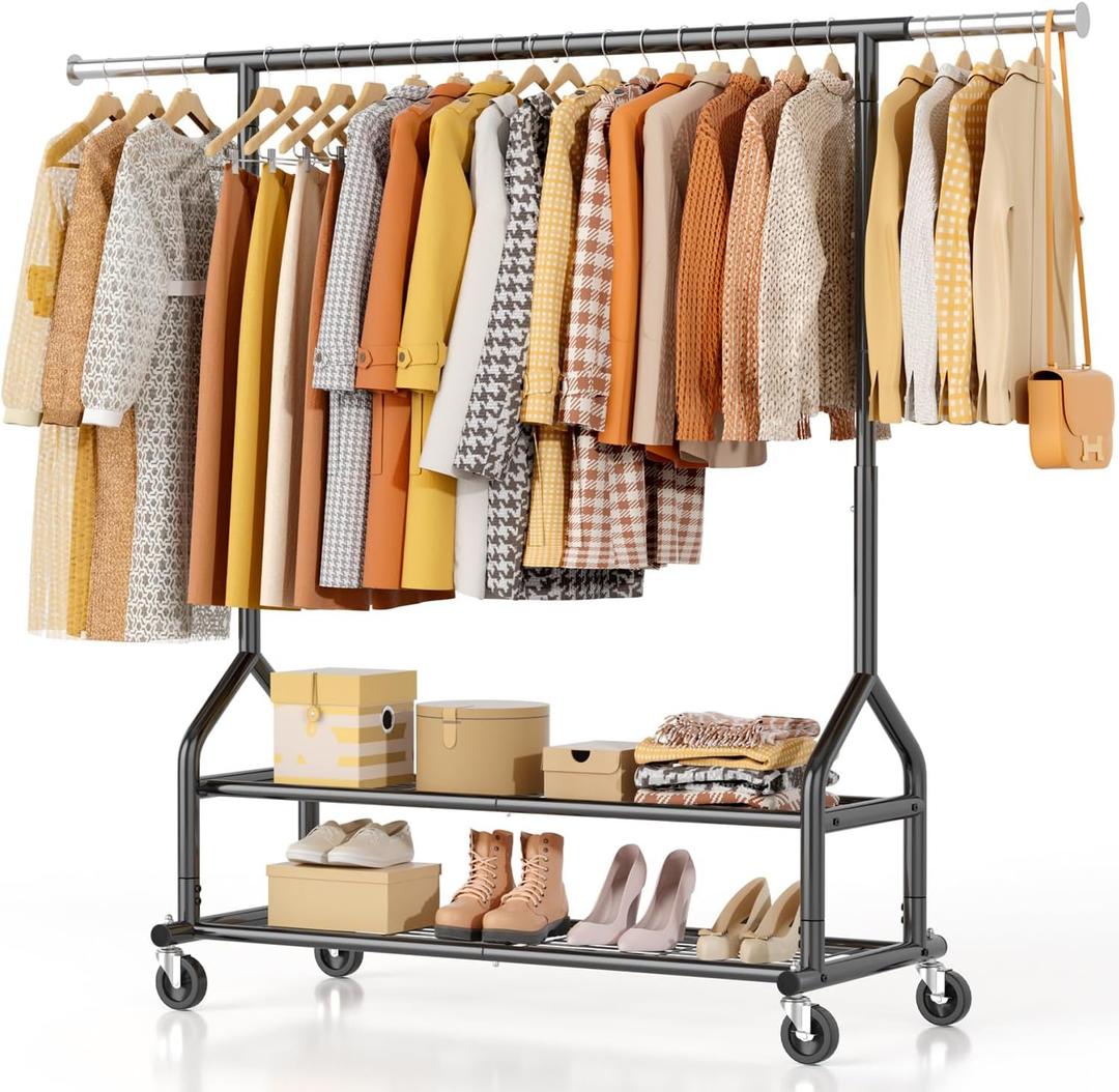 EAGMAK Heavy Duty Clothes Rack Load 556 LBS, Rolling Clothing Rack With Shelves, Height Adjustable Metal Clothes Hanger with Wheels Portable Wardrobe Organizer Garment Rod for Hanging Clothes, Black, 2 Shelves