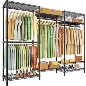 Ulif E13 Heavy Duty Clothes RackWith 4 Hanger Rods & 8 Shelves Freestanding Clothing Racks for Hanging ClothesAdjustable Closet OrganizerMetal Garment Rack 63" W x16 D x77 HMax Load 900LBSBlack