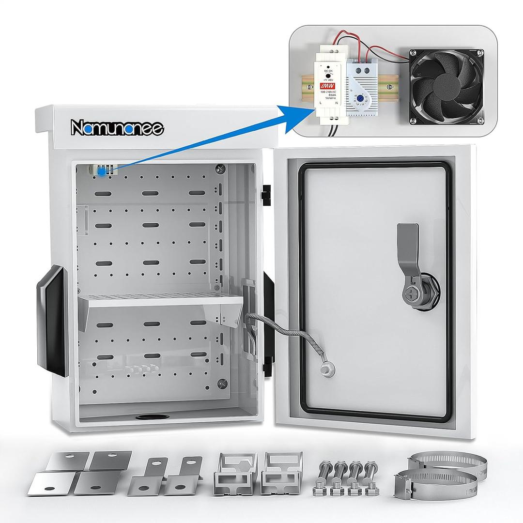 Outdoor Electrical Box with Thermostat and Fan, Cold-Rolled Steel Plate, Aluminum Alloy Back Beam, One-Piece Ventilation Design, IP65 Waterproof, Wall/Pole Mounted. (17.7" x 13.7" x 7.9") Outdoor Electrical Box with Thermostat and Fan, Cold-Rolled Steel Plate, Aluminum Alloy Back Beam, One-Piece Ventilation Design, IP65 Waterproof, Wall/Pole Mounted. (17.7" x 13.7" x 7.9")