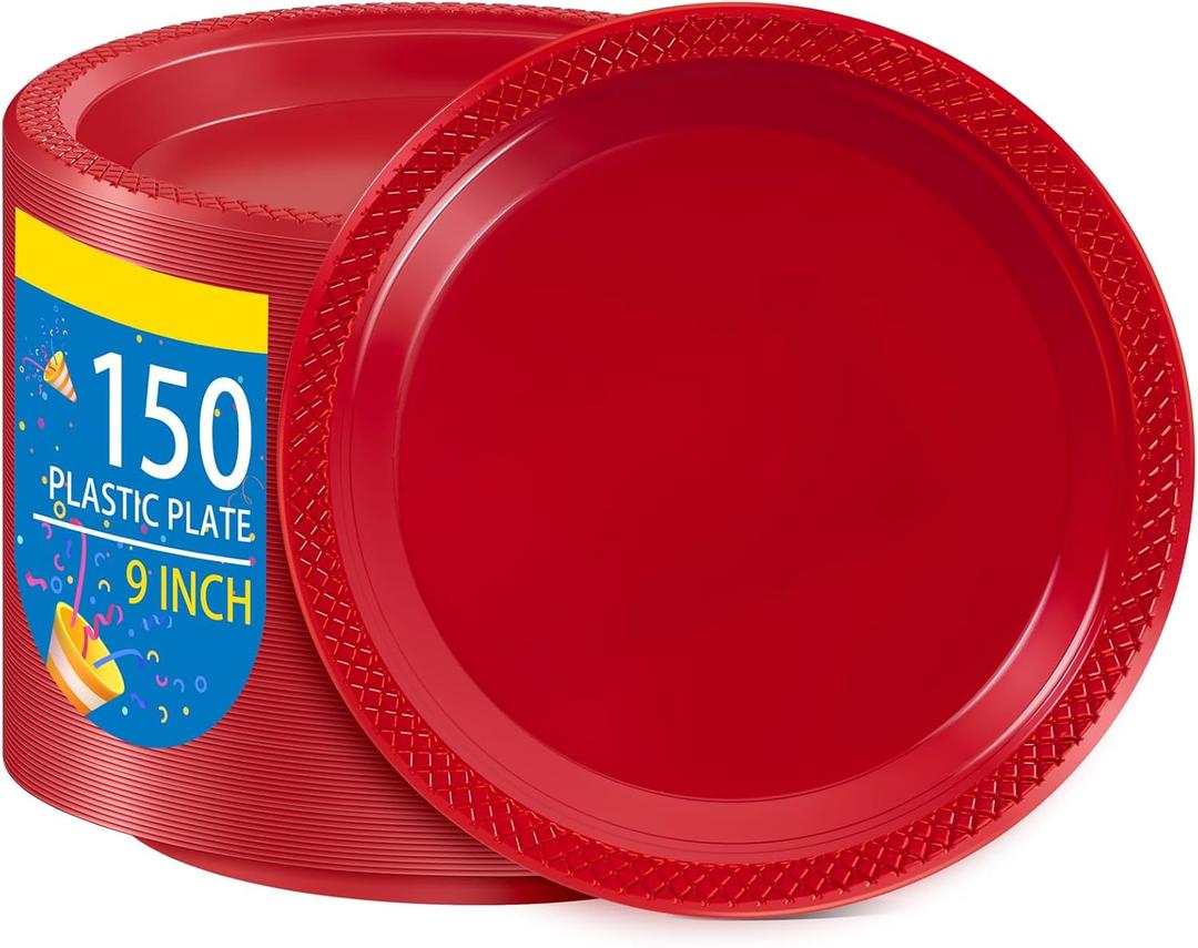 WELLIFE Red Party Plates 9 Inch -150 Count, Plastic Disposable Plates for Dinner Party Easter Mother's Day