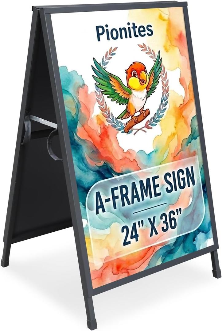 Pionites Heavy Duty Slide-in Folding A Frame Sign Sidewalk Sign 24x 36 Inch Steel Metal Double-Side Pavement sign Corrugated Plastic Poster (1, Black, 24''X36'''(Plastic Backing include))