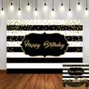 Black and White Stripes Happy Birthday Backdrop Gold Shining Dots Birthday Party Photography Background for Adults Sweet Birthday Party Photo Banner Props 7x5ft