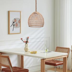1 Light Rattan Chandelier Woven Light Fixture, Boho Coastal Wicker Pendant Hanging Ceiling Light for Kitchen, 15.74"W Large Lampshade for Living Room Bars Restaurants (40CMx35CM)