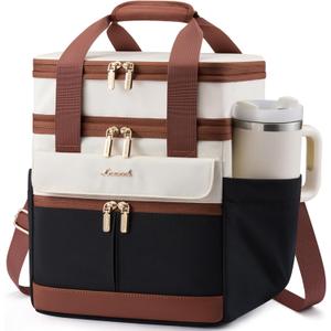 LOVEVOOK Insulated Lunch Bag Women Men,Expandable Double Deck Lunch Box for Women With Large Cup Holder,Leakproof Cooler Bag For Adult Lunch Tote Bag Work Picnic Beach with Adjustable Shoulder Strap