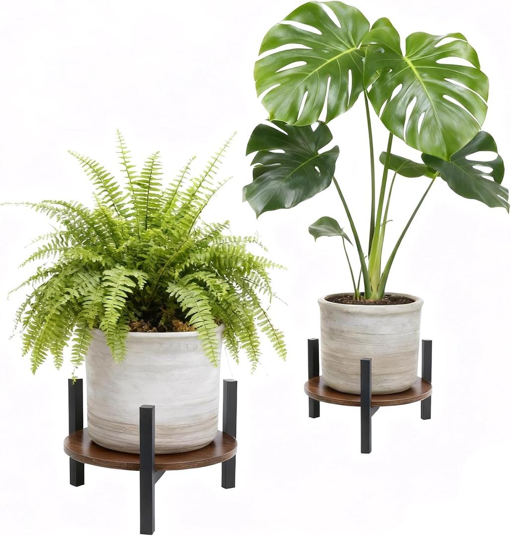 Vigordream Plant Stand Indoor, Heavy Duty Sturdy Metal Wooden Plant Holder Stool, Low Short Single Flower Pot Stand Decoration Racks for Home, Patio &Garden (Dark Brown, Large (2pack))