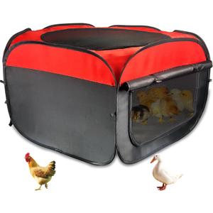 Portable Chicken Brooder Box Kit, Waterproof Chick Starter House with Storage Bag, Ground Stakes, Removable Liner, Red and Black
