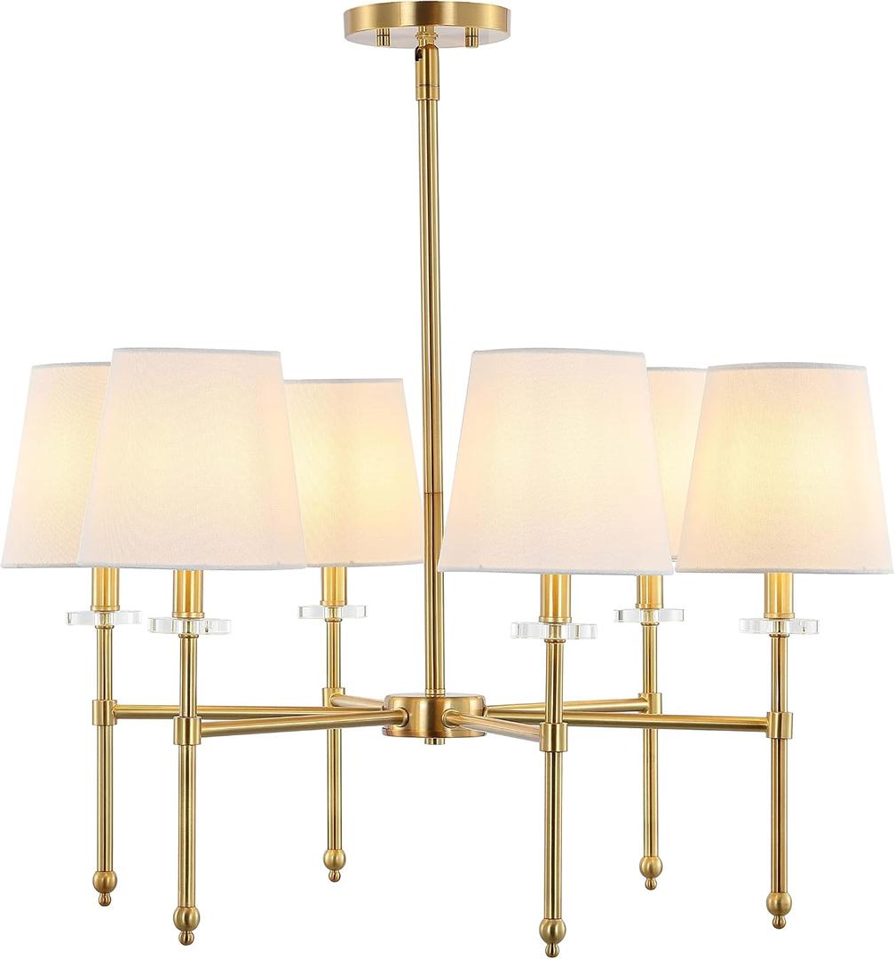 JONATHAN Y 27" Brass Gold 6-Light Iron Chandelier, Mid-Century Modern Pendant for Dining Room Kitchen Island, Transitional Fixture with Linen Shades, LED Bulbs Included JYL9918A